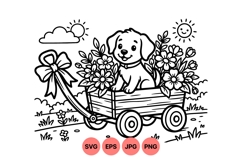 Cute Puppy In Floral Wagon Black White Vector Product Image 1
