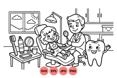 Line Art Dentist Visit Illustration For Kids Health Product Image 1