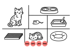 Line Art Cat Clipart With Pet Care Items Product Image 1
