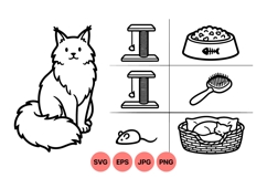 Black Line Cat Clipart With Pet Accessories Product Image 1