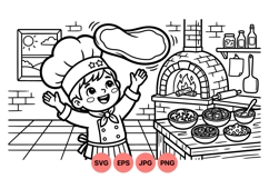 Cute Kid Chef Tossing Pizza Dough Kitchen Clipart Product Image 1