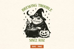 Brewing Trouble Frog SVG | Halloween Toad Witch Cauldron PNG Product Image 1