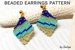 Ocean beaded earrings pattern with blue turquoise diamond brick stitch motif