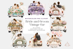 Bride Groom Vintage Car Watercolor Clipart Product Image 1