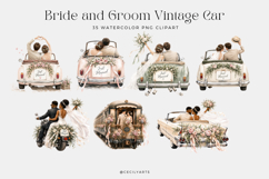 Bride Groom Vintage Car Watercolor Clipart Product Image 2