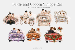 Bride Groom Vintage Car Watercolor Clipart Product Image 3