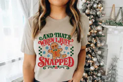 This Christmas quote SVG features curved vintage-inspired typography in traditional red and green, a broken gingerbread cookie, decorative flourishes, and festive snowflake accents.