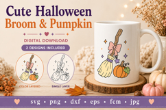 Witch Broom SVG, Cute Halloween Broom &amp; Pumpkin SVG Product Image 1