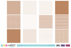 Set of 12 brown and white digital papers featuring stripes, hearts, dots, grids, and geometric designs, printable scrapbook backgrounds.