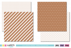 Brown and white striped and heart pattern digital papers, ideal for scrapbooking, journaling, and minimalist craft projects.