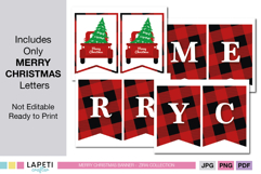 Close-up of Merry Christmas letters in red and black buffalo plaid pattern, ready to print holiday bunting.