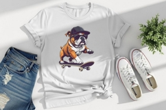 Cool English Bulldog skateboarder sublimation PNG design. Perfect for dark and light fabric sublimation printing, print on demand, DTF and DTG printing. Transparent background included. PNG
