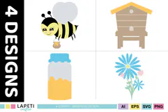 Cute smiling bumble bee carrying a small honey pot for kids birthday projects