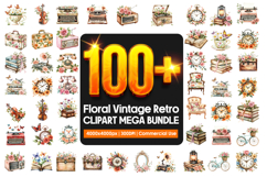 Floral Vintage Retro Clipart PNG Mega Bundle Product Image 1