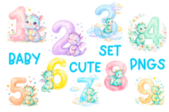 Dinosaur Number 1-9 Watercolor Clipart, Baby nursery design Product Image 1