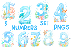 Watercolor Ocean Numbers Clipart Bundle 1-9,Sea Animals PNGs Product Image 1