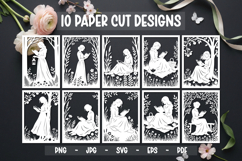 10 Book Lover Girl Paper Cut SVG, Floral Reading Card SVG Product Image 1