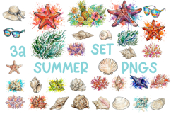 32 Summer Seashells Watercolor Cliparts Product Image 1