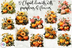 Autumn Pumpkins with Sunflowers Watercolour Clipart Product Image 1