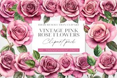 Vintage Pink Rose Flowers Clipart BUNDLE PNG. Product Image 1