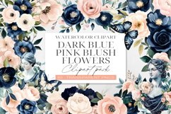 Dark Blue &amp; Blush Pink Flowers Clipart Pack PNG. Product Image 1