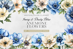 Ivory &amp; Dusty Blue Anemone Flowers, Watercolor Clipart PNG. Product Image 1