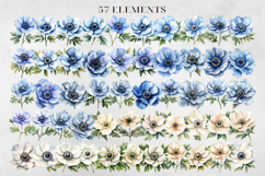 Ivory &amp; Dusty Blue Anemone Flowers, Watercolor Clipart PNG. Product Image 3