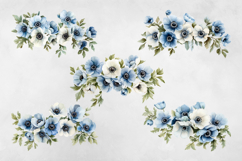 Ivory &amp; Dusty Blue Anemone Flowers, Watercolor Clipart PNG. Product Image 4