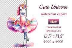 Immerse yourself in the magical world of dreams and grace with our watercolor clipart set &quot;Cute Magical Unicorn Ballerinas&quot;! This enchanting collection features delicate and beautifully crafted images of magical unicorns portrayed as graceful and elegant 