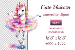 Immerse yourself in the magical world of dreams and grace with our watercolor clipart set &quot;Cute Magical Unicorn Ballerinas&quot;! This enchanting collection features delicate and beautifully crafted images of magical unicorns portrayed as graceful and elegant 