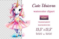 Immerse yourself in the magical world of dreams and grace with our watercolor clipart set &quot;Cute Magical Unicorn Ballerinas&quot;! This enchanting collection features delicate and beautifully crafted images of magical unicorns portrayed as graceful and elegant 