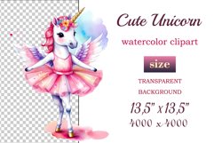 Immerse yourself in the magical world of dreams and grace with our watercolor clipart set &quot;Cute Magical Unicorn Ballerinas&quot;! This enchanting collection features delicate and beautifully crafted images of magical unicorns portrayed as graceful and elegant 