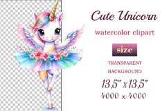 Immerse yourself in the magical world of dreams and grace with our watercolor clipart set &quot;Cute Magical Unicorn Ballerinas&quot;! This enchanting collection features delicate and beautifully crafted images of magical unicorns portrayed as graceful and elegant 