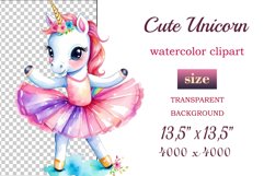 Immerse yourself in the magical world of dreams and grace with our watercolor clipart set &quot;Cute Magical Unicorn Ballerinas&quot;! This enchanting collection features delicate and beautifully crafted images of magical unicorns portrayed as graceful and elegant 