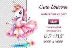 Immerse yourself in the magical world of dreams and grace with our watercolor clipart set &quot;Cute Magical Unicorn Ballerinas&quot;! This enchanting collection features delicate and beautifully crafted images of magical unicorns portrayed as graceful and elegant 