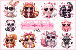 Cute Valentine Animals with Pink Heart Drinks PNG Product Image 1