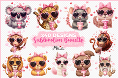 Cute Valentine Animals with Pink Heart Drinks PNG Product Image 2
