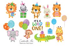 wild animals birthday party with balloons watercolor png clip art