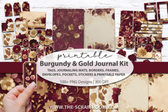 Burgundy and Gold Floral Printable Journal Kit Bundle, Designs for Scrapbooking, Junk Journaling, card making and other paper crafts