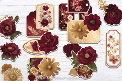 Printable Junk Journal Kit Burgundy and Gold papers stickers Product Image 5