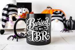 Black and white Halloween reader design that says “Buried In My TBR” with bold lettering, bats, spider webs, and a hanging spider.