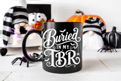 Black and white Halloween reader design that says “Buried In My TBR” with bold lettering, bats, spider webs, and a hanging spider.