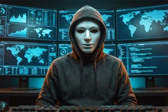 Cyber Security Hacker in Mask with Multiple Digital Screens Product Image 1