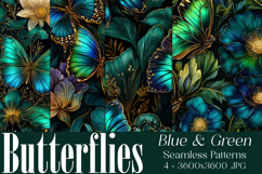 Butterfly Seamless Patterns, Blue Green Butterflies, s7 Product Image 1