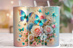 Butterfly Tumbler Wrap PNG, Floral Butterflies Tumbler Wrap Product Image 1