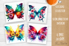 Butterfly square coaster sublimation | Butterfly coaster PNG Product Image 1