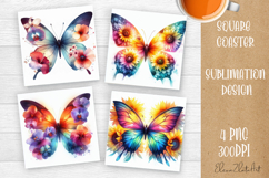 Butterfly square coaster sublimation | Butterfly coaster PNG Product Image 1