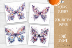Butterfly square coaster sublimation | Butterfly coaster PNG Product Image 1