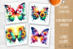 Butterfly square coaster sublimation | Butterfly coaster PNG Product Image 1