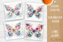 Butterfly square coaster sublimation | Butterfly coaster PNG Product Image 1